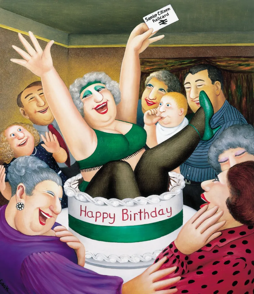 Beryl Cook, Birthday Surprises, 1989. Courtesy of ourberylcook.com. Copyright: John Cook.