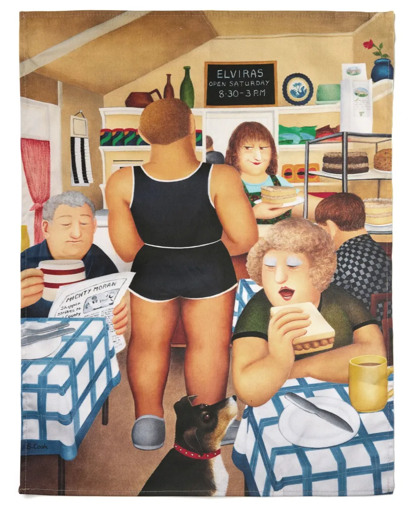 Beryl Cook, Elvira’s Café Tea Towel, exclusive to House of Voltaire. Image courtesy of ourberylcook.com and Studio Voltaire. Photograph: Graham Pearson.
