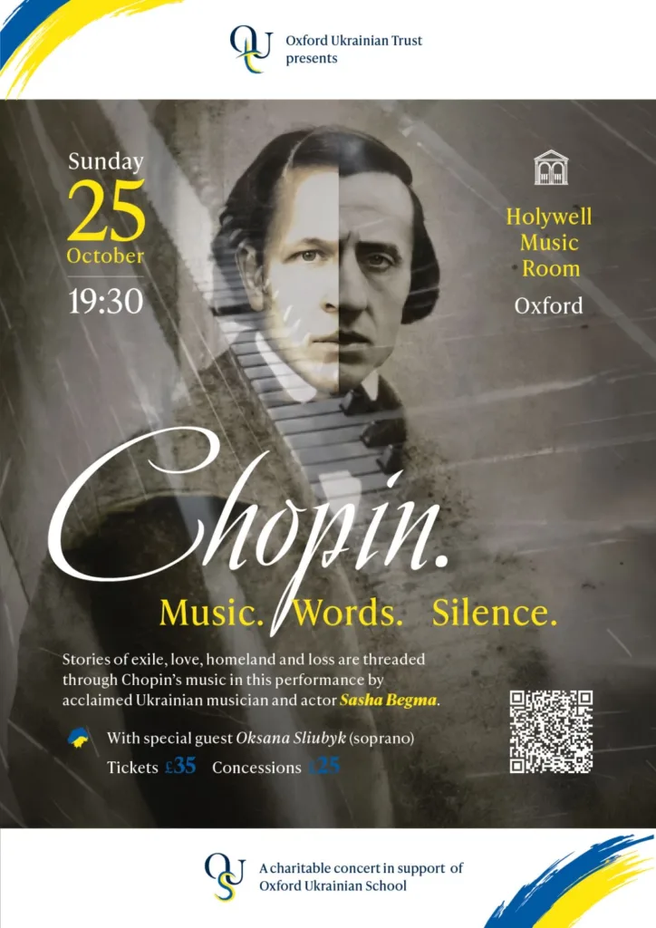 Stories of exile, love, homeland and loss are threaded through Chopin’s music in this performance by acclaimed Ukrainian musician and actor Sasha Begma.