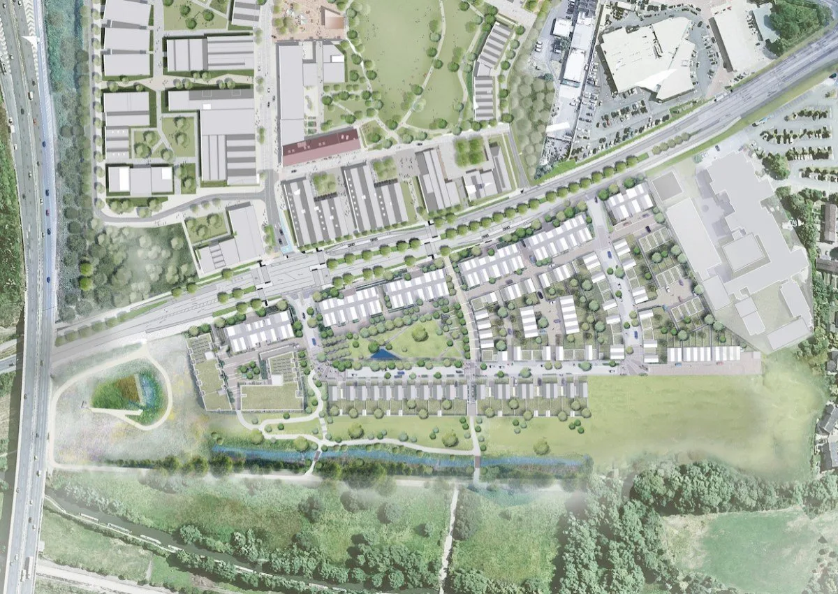 1. Aerial showing TWO & Hill Group’s emerging plans for new homes, public park and access roads at Oxford North