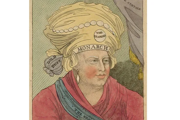 Caricature of George III as Cheyt Singh, about 1786. Hand-coloured engraving © Ashmolean Museum