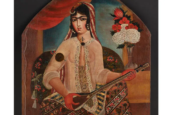 Portrait of a setar player, 1797–1798. Detail from the retouched and conserved portrait of a setar player, signed Mirza Muhammad, oil on canvas © Ashmolean Museum