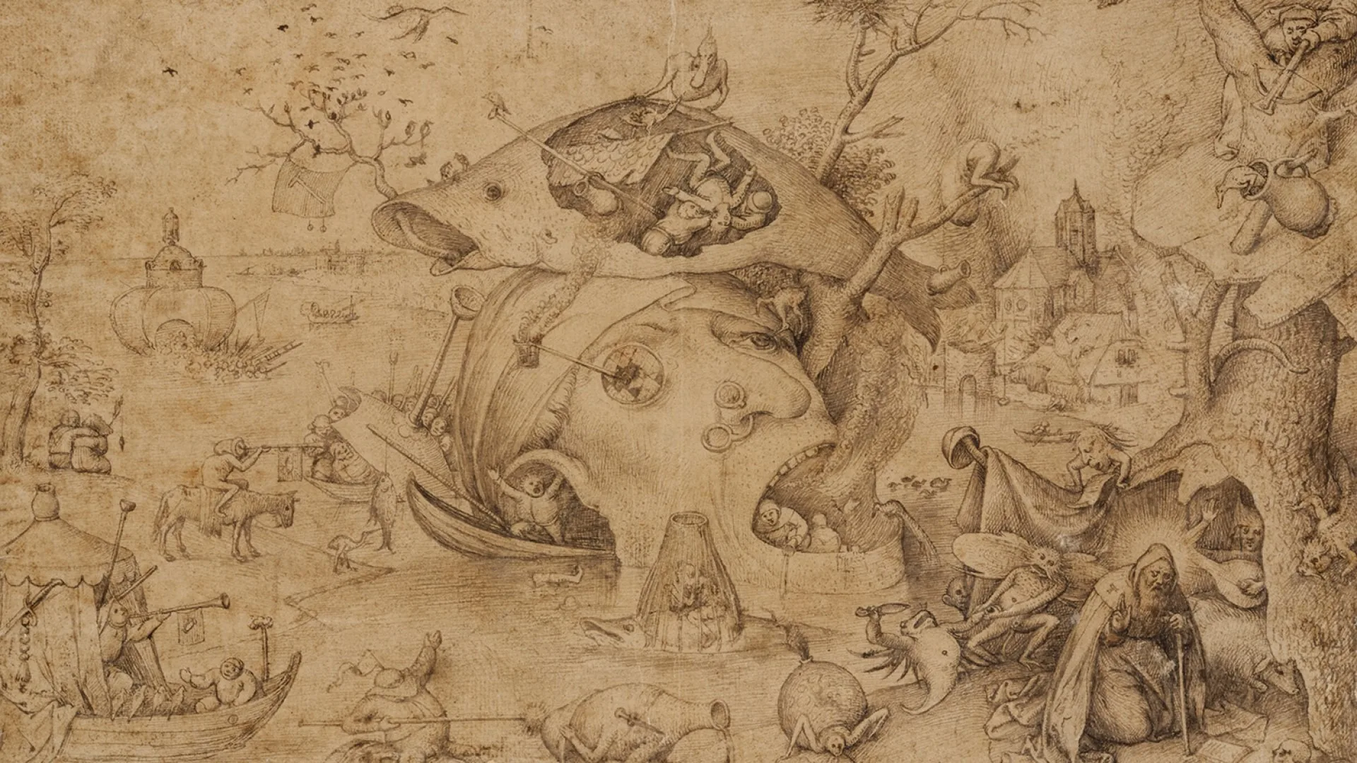 Bruegel to Rubens: Great Flemish Drawings. Image: The Temptation of St Anthony, Pieter Bruegel I, c. 1556, pen in brown ink on laid paper © Ashmolean Museum