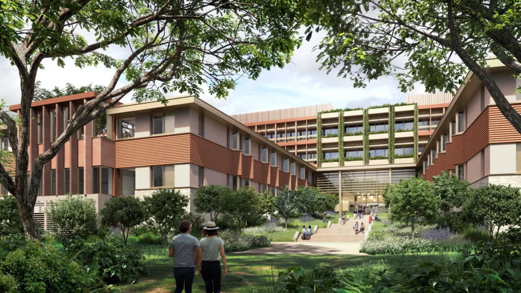 A CGI of Warneford Park view towards proposed hospital wards. Image source: Cityscape Digital for Eric Parry Architects
